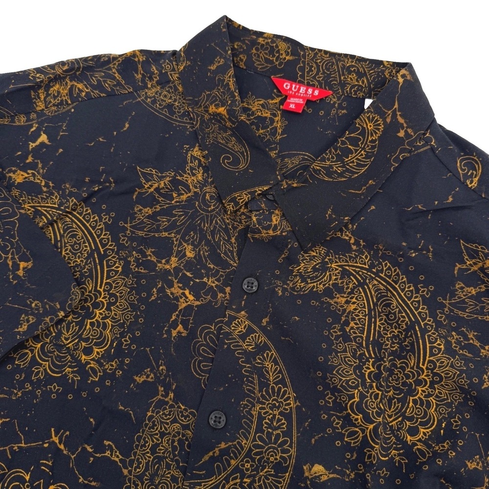 Guess LA Shirt‎ Mens XL Black Gold Paisley Viscose Stretch Short Sleeve Modern